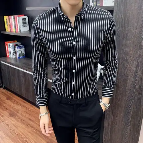 韩版英伦修身长袖衬衫潮流休闲衬衣发型师黑白条纹潮男帅气寸衣男