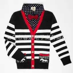 春季新款韩版男童纯棉条纹衬衫领假两件蝴蝶结针织衫开衫毛衣