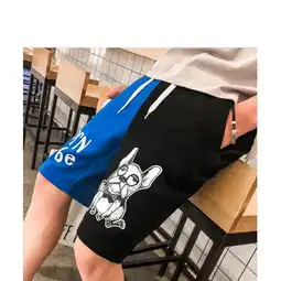 传奇保罗运动短裤男黑红撞色休闲裤子男韩版潮流小狗图案运动裤