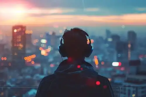 戴耳机的趣味青年背影摄影图下载至来源处