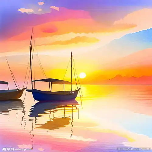 海边日出水彩风景画设计图自然风光