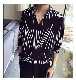 韩版条纹v领中袖男款衬衫