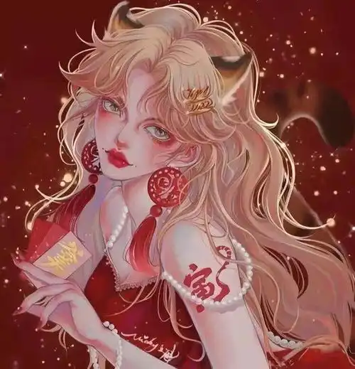 绝美手绘国潮风动漫女头新年红色头像