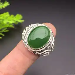 和田碧玉男士戒指菠菜绿s925纯银镶嵌永不变黑超值价