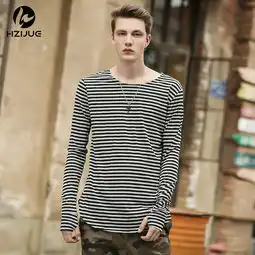 汤河之家2018春新款男士t恤长袖条纹针织衫棉质男韩版青年休闲