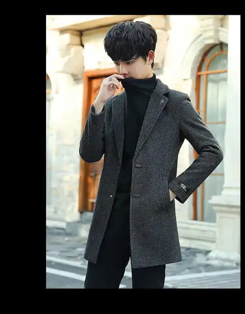 风衣男韩版潮流呢子大衣中长款男人成熟毛呢修身帅气西装外套秋冬