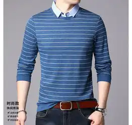 汤河之家2019秋冬上新长袖t恤男假两件青年条纹翻领polo衫男式长袖t恤b