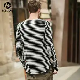 汤河之家2018春新款男士t恤长袖条纹针织衫棉质男韩版青年休闲