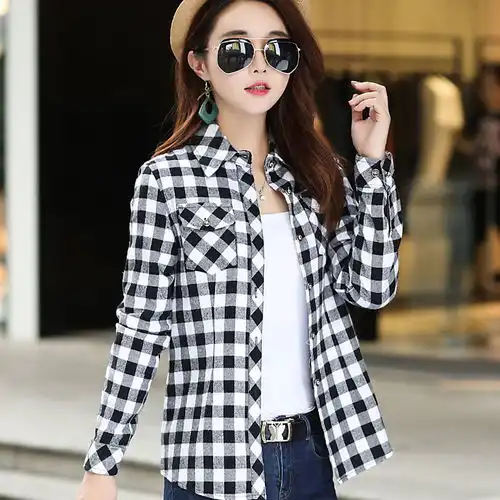 棉质格子衬衫女长袖上衣女2020新款打底衫学生韩版衬衣女装外套女