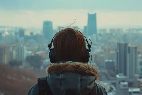戴耳机的趣味年轻人背影海报下载至来源处