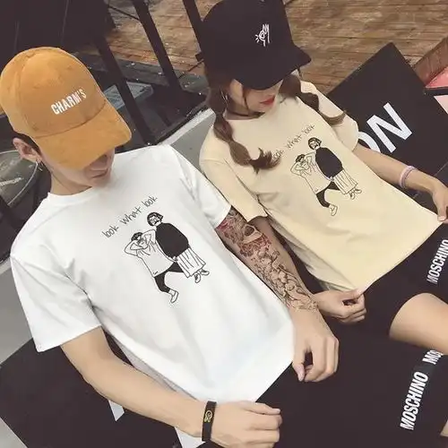 2018夏季港风情侣装学生短袖t恤女bf韩版半袖白色上衣