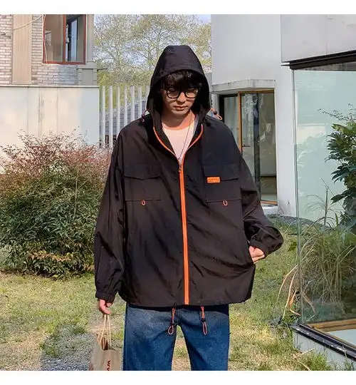 汤河之家2020夏季新款潮时尚宽松连帽贴标情侣防晒服撞色外套防晒衣男女款c