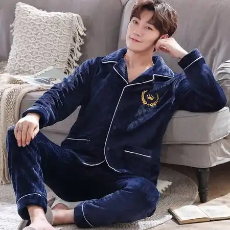 珊瑚绒睡衣男秋冬季长袖加厚加绒中老年法兰绒家居服青年保暖套装图片大全邮乐官方网站
