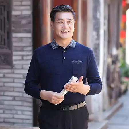 汤河之家秋季中老年男装长袖t恤衫宽松薄款4050岁爸爸装打底针织衫带口袋图片大全邮乐官方网站