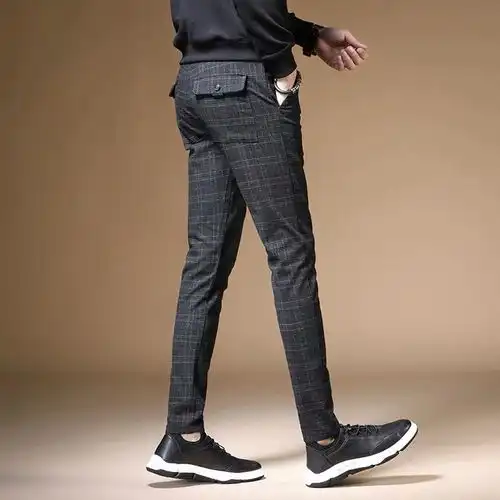 夏款男士棉麻休闲裤修身小直筒格子条纹裤子男青年潮流百搭薄长裤
