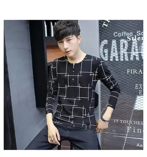 lm韩版修身长袖t恤男纯棉青少年体恤潮流休闲男装