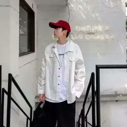 热卖韩版男士白色衬衫春季宽松工装长袖衬衣潮流刺绣纯色外套上衣