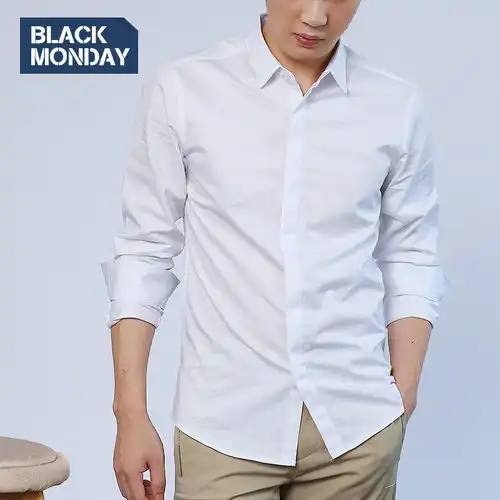 春夏衬衫男长袖纯棉黑白纯色时尚休闲韩版修身职业商务中青年衬衣