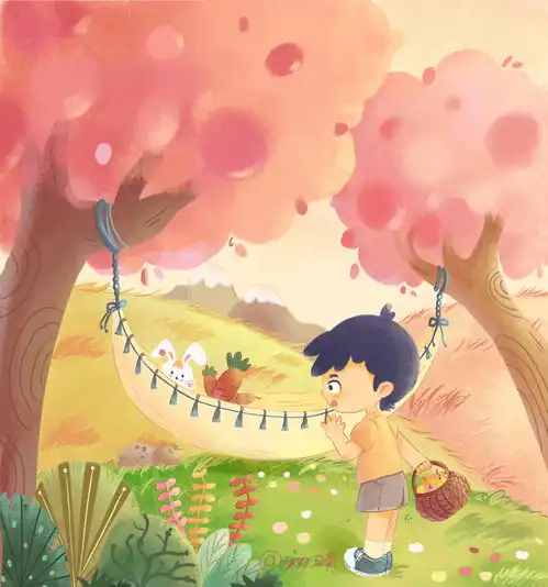 夕阳时分,小男孩路过田野,看到粉色树下有一张吊床,突然一只小兔子从床里探出头来原创设计