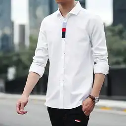 汤河之家春秋季男式衬衫潮流休闲寸衫纯色长袖白衬衣港仔男装b
