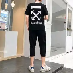 纯棉休闲套装男宽松短袖t恤七分裤韩版港风青少年学生两件套厂家一件代发