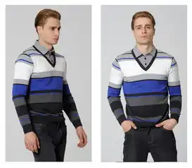 积普jipu男装秋冬时尚新款假两件黑白条纹纯棉针织衫9113040708