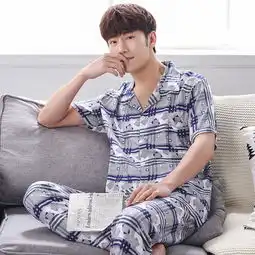 男睡衣绵绸家居服短袖长裤两件套开衫休闲套装图片大全邮乐官方网站