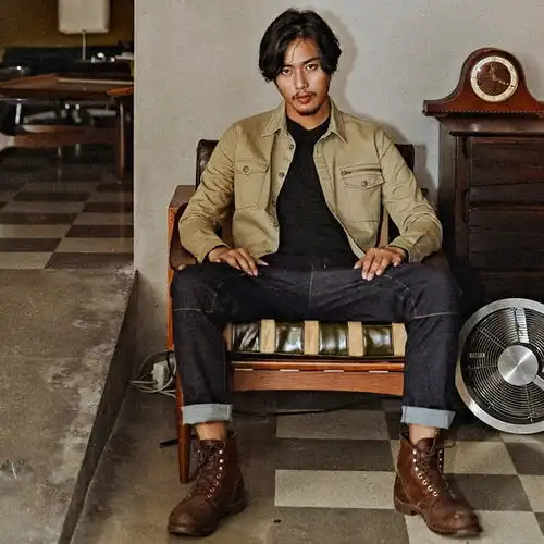 收留原创男士秋冬卡其色衬衫加厚拉链装饰修身撞色线工装日系长袖