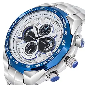 damson达玛森精钢大表盘运动时尚男表三小盘六针日历超强夜光防水蓝色款男赛车腕表do5121b