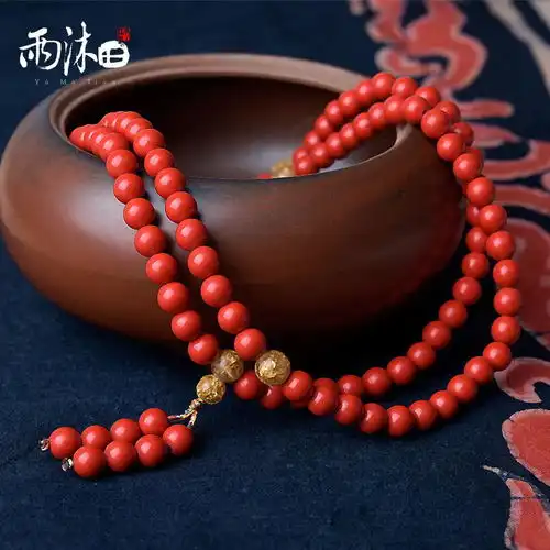 天然朱砂手链本命年红项链金箔108颗佛珠手串男女款招财辟邪转运