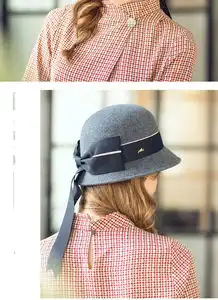 汤河店秋冬新款英伦复古羊毛呢帽子礼帽女百搭优雅蝴蝶结毡帽出游盆帽c