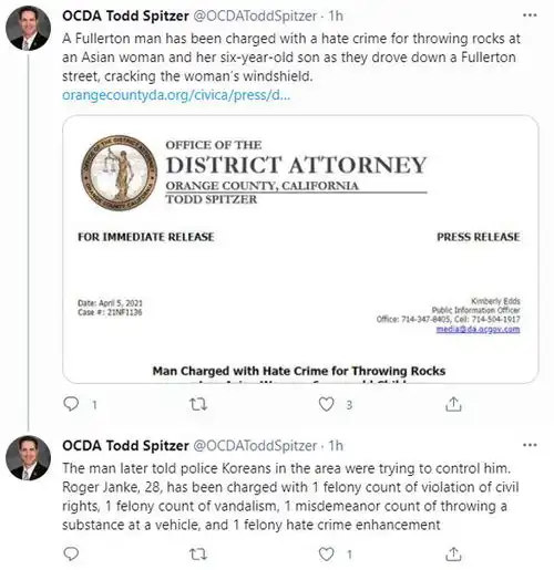 又现仇恨犯罪南加州橙县男子向亚裔母子车辆丢石块