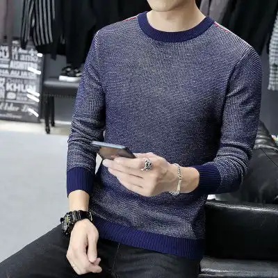男士毛衣秋冬新款休闲圆领暗条纹针织衫男韩版修身潮流