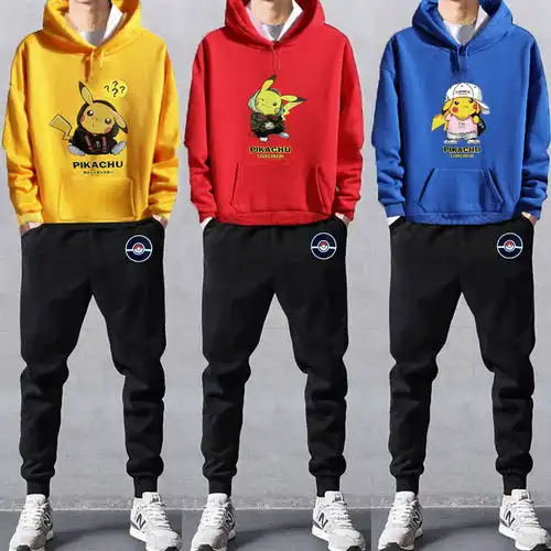 冬季皮卡丘联名套装加绒卫衣青少年韩版修身学生男士外套情侣装潮