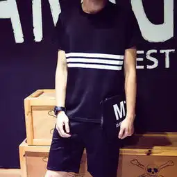 夏季港风店主风潮男时尚三条杠男式短袖t恤太空棉运动套装b001