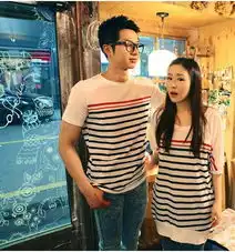 2012夏装新款韩版可爱学院条纹短袖t恤情侣装男女t时尚休闲情侣装