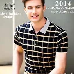 蒙派2015男士夏装新品短袖中年男士t恤棉夏季男式翻格子商务