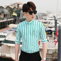 2019春新款宝奇商务男式衬衣条纹中袖青年韩版衬衣男短袖修身