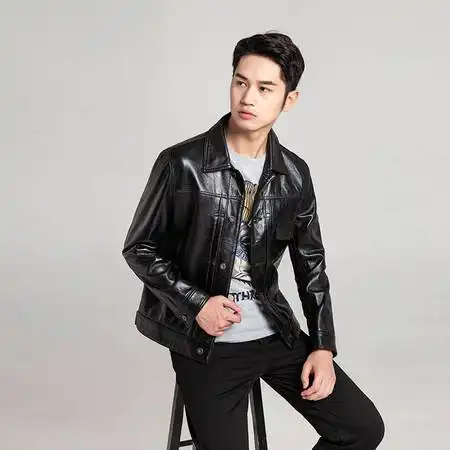 汤河之家2020新款真皮皮衣男山羊皮夹克外套日韩休闲工装风真皮衣纯色夹克