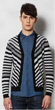 sportica斯波帝卡新款男装黑白条纹开衫纯棉男士针织衫163077
