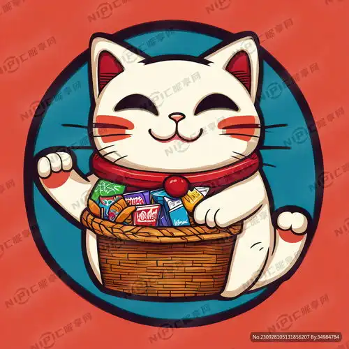 ai创作图卡通手绘招财猫抱着一大筐零食色彩丰富可爱的艺术创想标志nipic.com