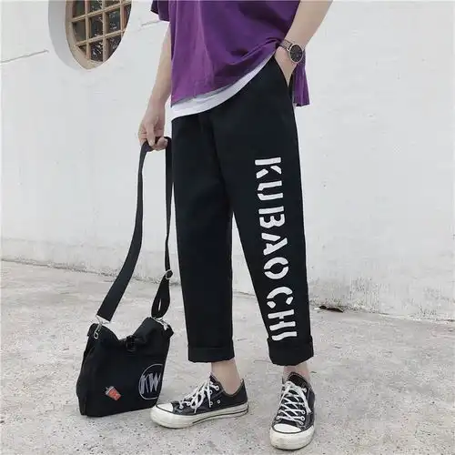 港风夏季阔腿直筒宽松休闲裤男潮流韩版学院青年学生印花九分裤男