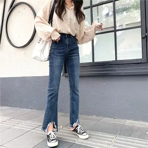 2019秋季新款韩版简约港风不规则弧形毛边弹力紧身牛仔裤女微喇裤ll