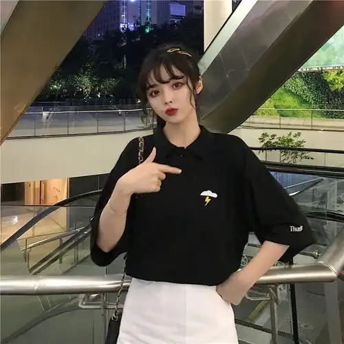港风日系卡通翻领短袖潮流学生t恤韩版宽松ins原宿bf情侣polo衫男