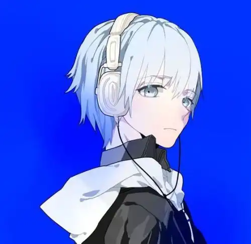 带耳机的白发蓝眼的男生动漫图片