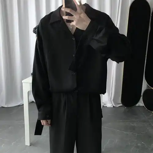 短句先生暗黑禁欲系黑色衬衫男长袖韩版设计感慵懒风气质宽松衬衣