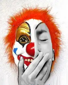 求绘画大神涂鸦一张半边脸戴个笑脸小丑面具,半边脸在哭的男生图.