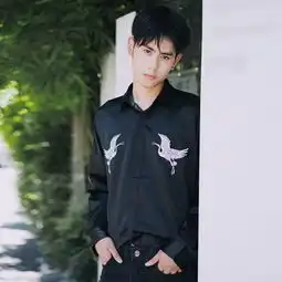 黑色长袖衬衫男刺绣印花小清新港风bf风文艺韩版修身潮流青年衬衣