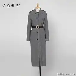 2019秋冬新款欧美时尚条纹撞色翻领修身中长款毛呢大衣外套