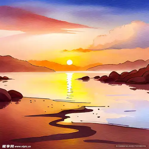 海边日出水彩风景画设计图自然风光